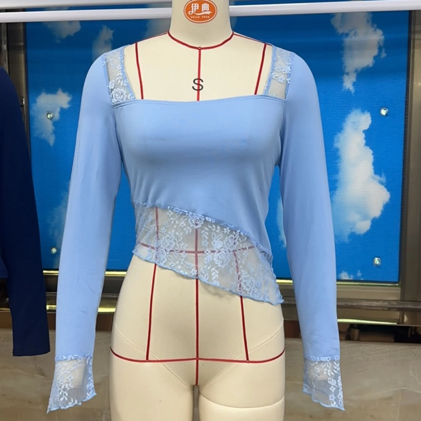 Spring Fall Solid Color T-shirt for Women Long Sleeve Square Neck Lace Patchwork Slim Fit Ladies Crop Tops Streetwear