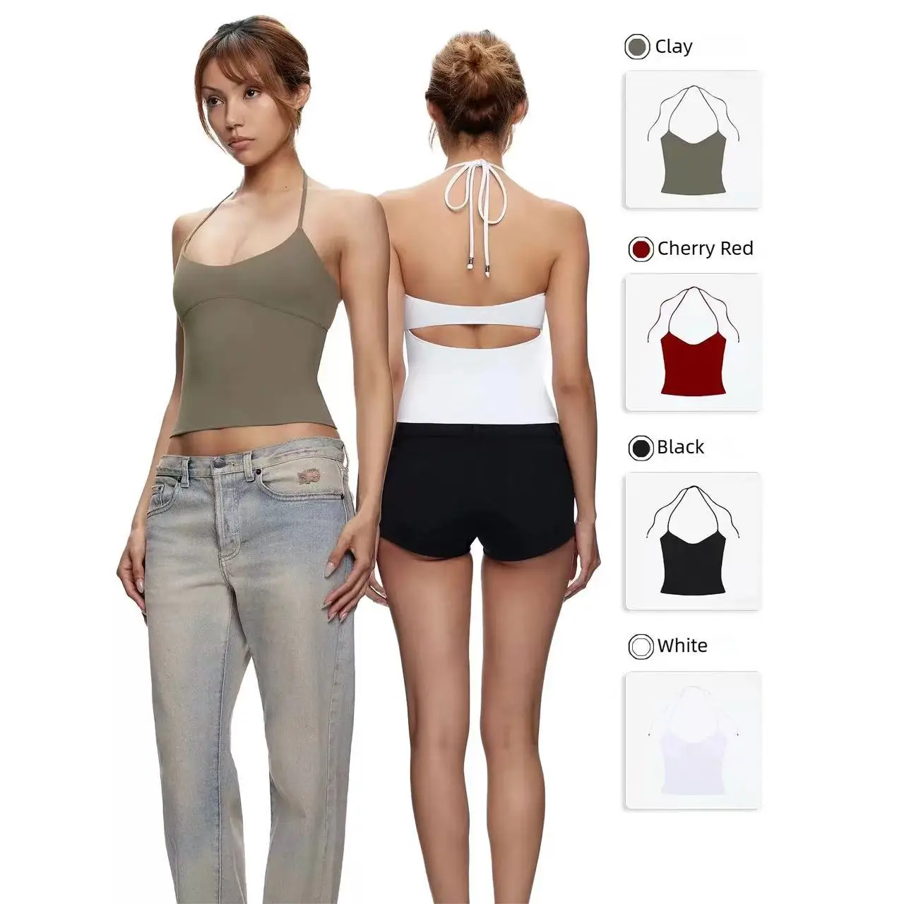 Tank Multi-Color Adjustable Strap Halter Neck Crop Top Cherry Red and Pink Spaghetti Strap Back Cutout Design Top