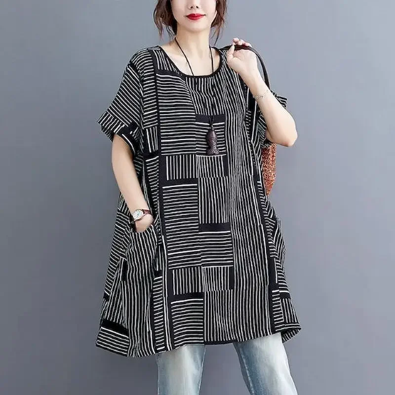 Robes amples décontractées pour femmes, t-shirt à rayures, jupe, Protection solaire, manches courtes, tendance d'été, robe fine surdimensionnée