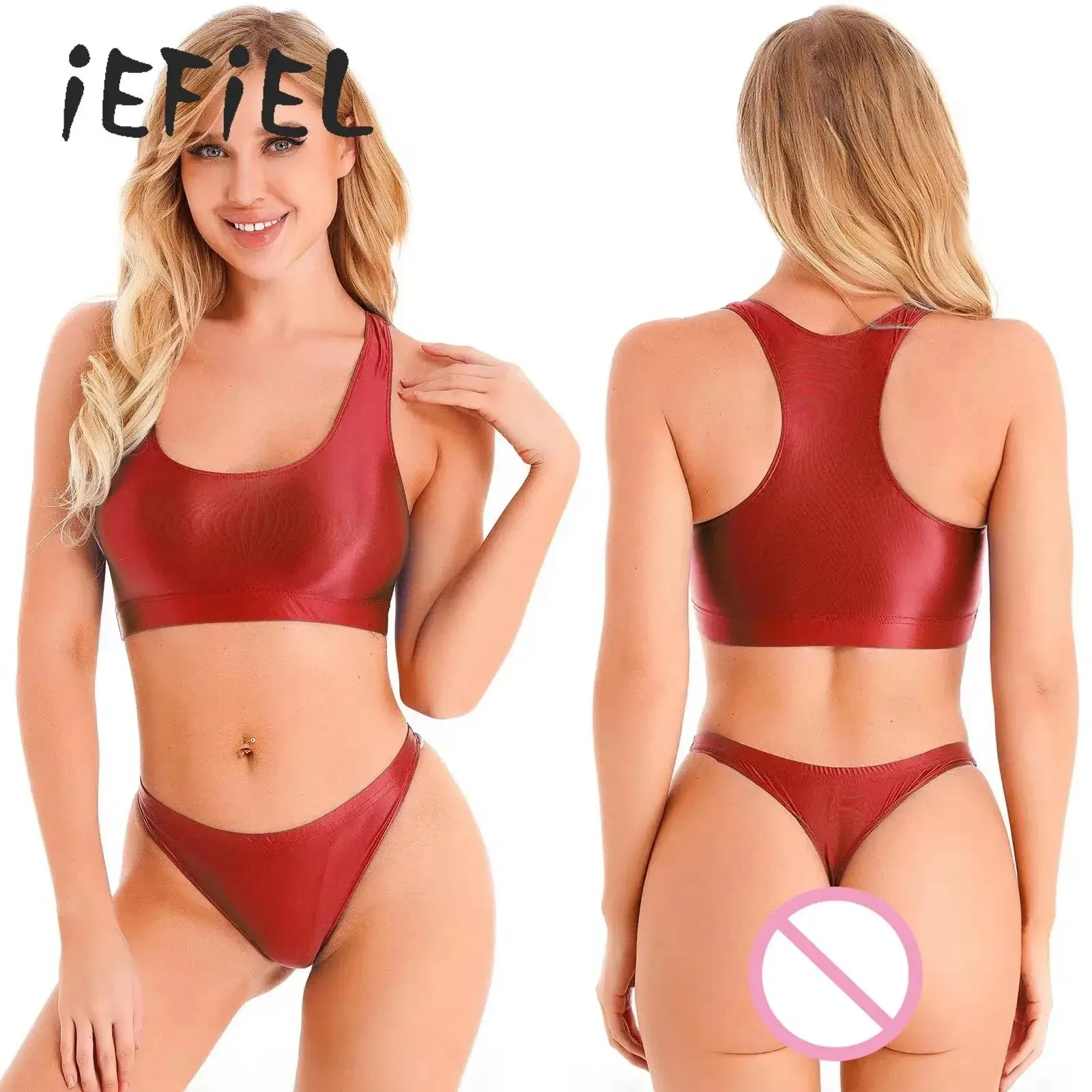 Women Glossy Two-pieces Swimsuit Swimwear Oil Shiny Tank Crop Top with Low Rise Briefs Bikini Set Swimming Outfit Bathing Suit