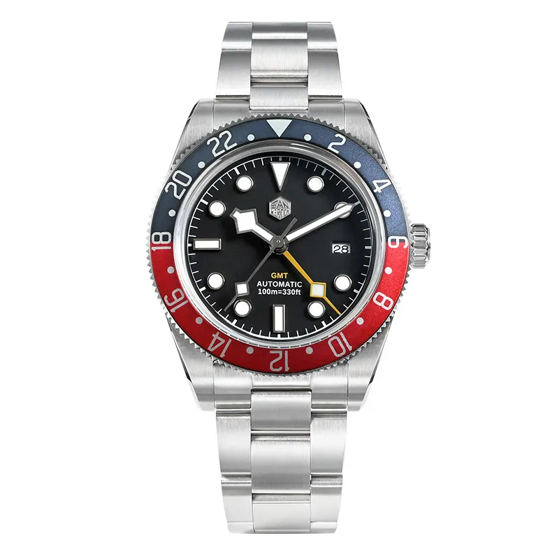 San Martin Men Automatic Watch 39mm GMT Mechanical Wristwatch 10Bar Waterproof Luminous Sapphire Aluminum Bezel Hangzhou 6460