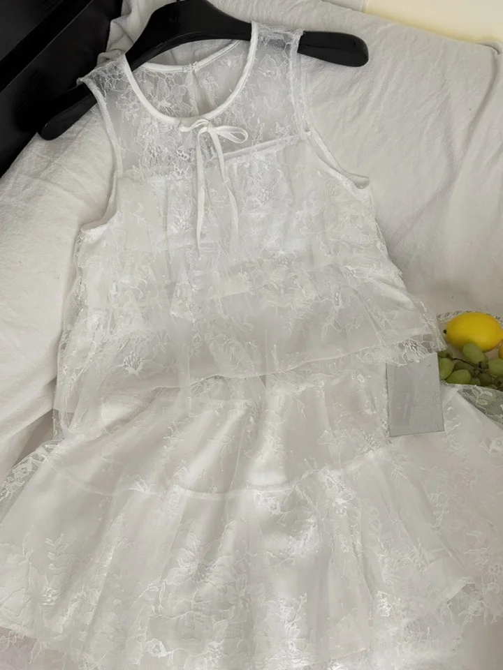 

Summer Fairy Tale Set 2025 Sweet Lace Embroidery Sleeveless Flounce Hem Top High Waist Puffy Short Skirt Women's Ensemble