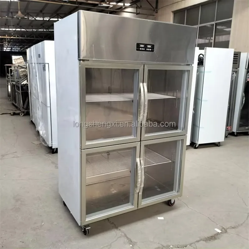 Stainless Steel 4-Door Commercial Kitchen Refrigerator Freezer with Single-Temperature Glass Door Style