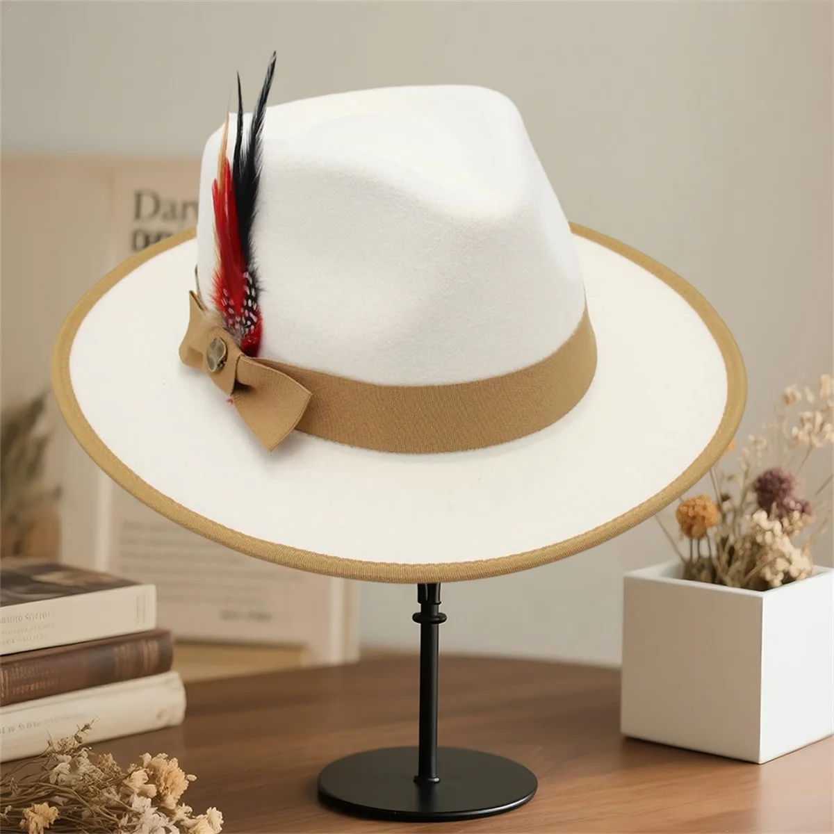 قبعة فيدورا من الصوف الكلاسيكي للنساء والرجال مع شريط ريش عتيق بحافة واسعة وقبعة جاز بنما بتصميم كلاسيكي أنيق #6