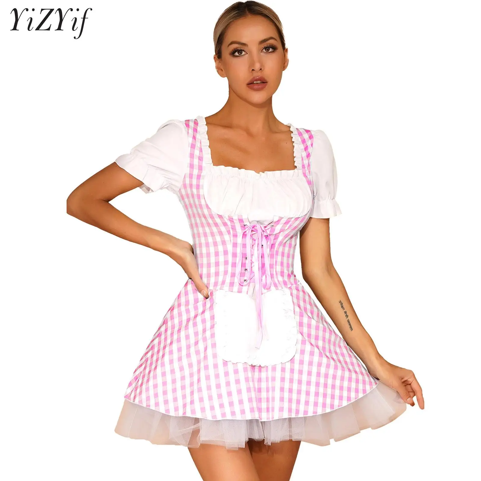 

Women Miss Muffet Cosplay Costume Halloween Theme Party Masquerade Dresses Up Short Puff Sleeve Plaid Print Babydoll Maid Dress