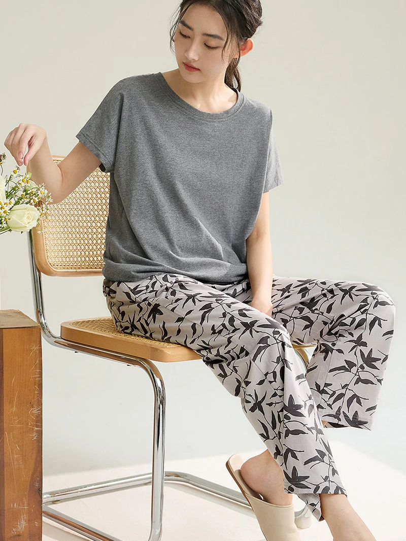 conlia-pure-cotton-sleepwear-women's-summer-short-sleeve-long-pants-home-clothes-set-breathable-soft-shoulder-drop-round-neck