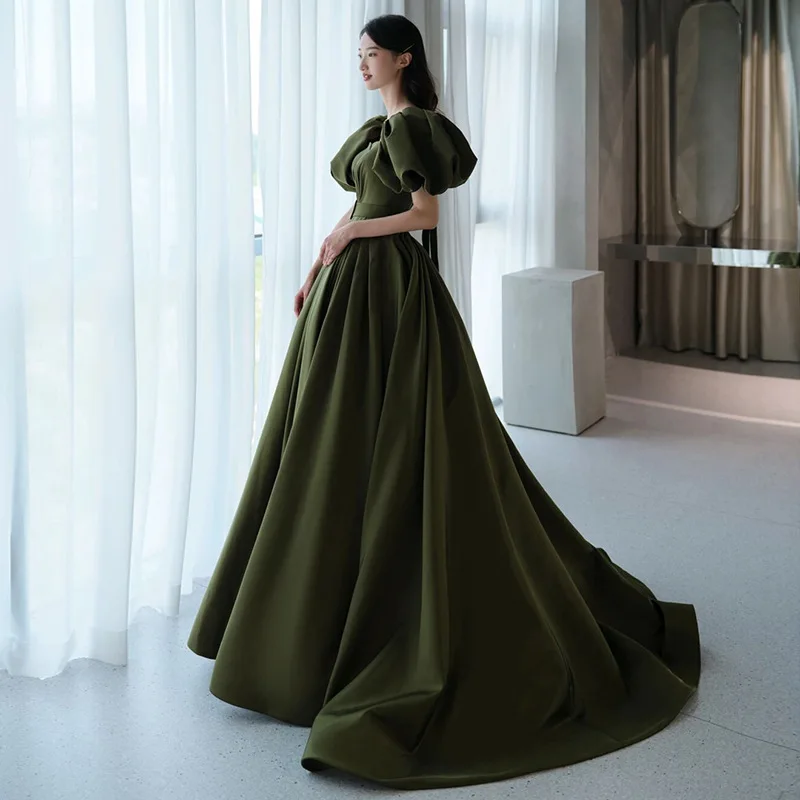 Princess Dark Green Backless Evening Dress 2022 Sexy Square Neck Puff Sleeve A-Line Party Prom Gown