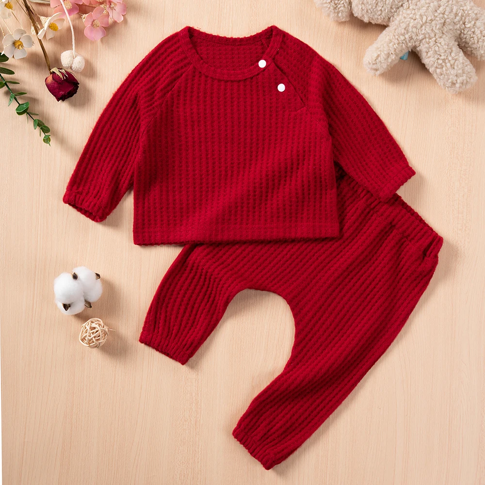 Infant Clothes Suits 0-2T Baby Boys Girls Solid Casual Long Sleeved Pants Two-piece Set Spring and Autumn