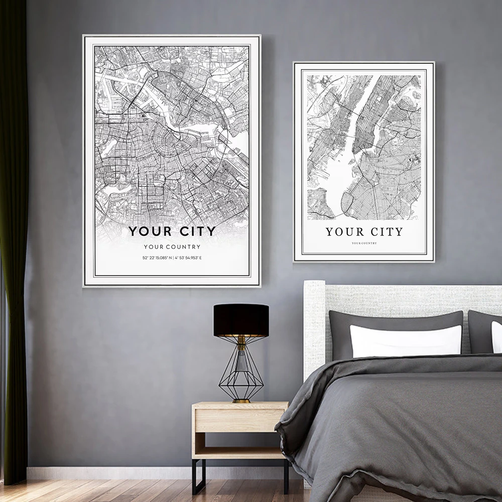 Minimalist City Map Canvas Wall Art Personalized Black White Line City Street Map Poster Print Coordinates Map Home Wall Decor