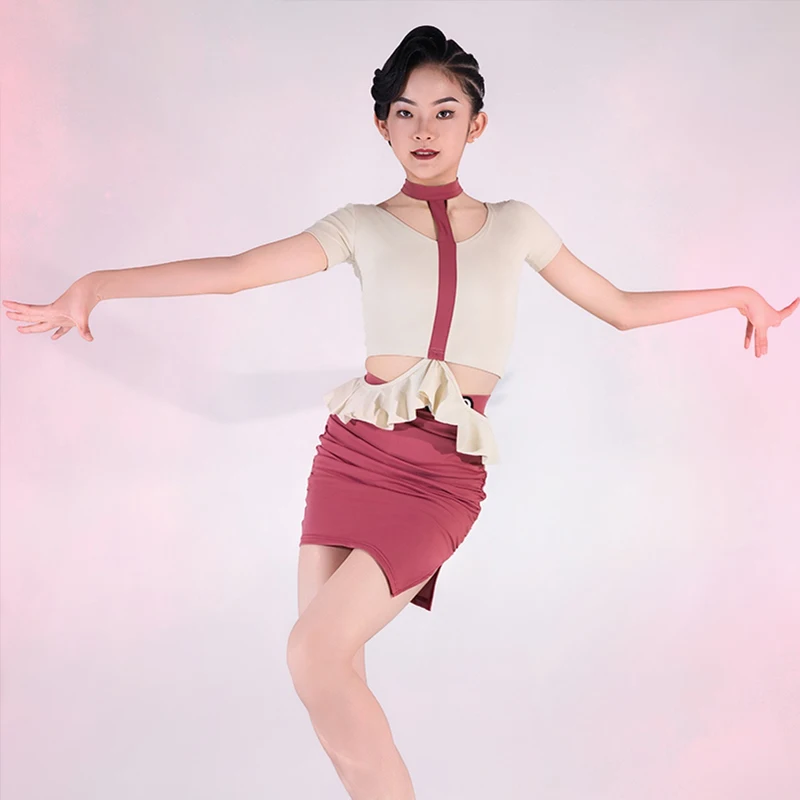 

Girls Latin Dance Costume Tango Performance Outfit Kids Short Sleeves Competition Tops-Skirt Set Salsa Practice Clothes XH2550