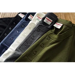 Sauce Zhan Mens T Shirts  Henry Collar Pure Cotton Solid 5 Color  Summer Short Sleeve Vintage Style Regular Fit 230g/m²