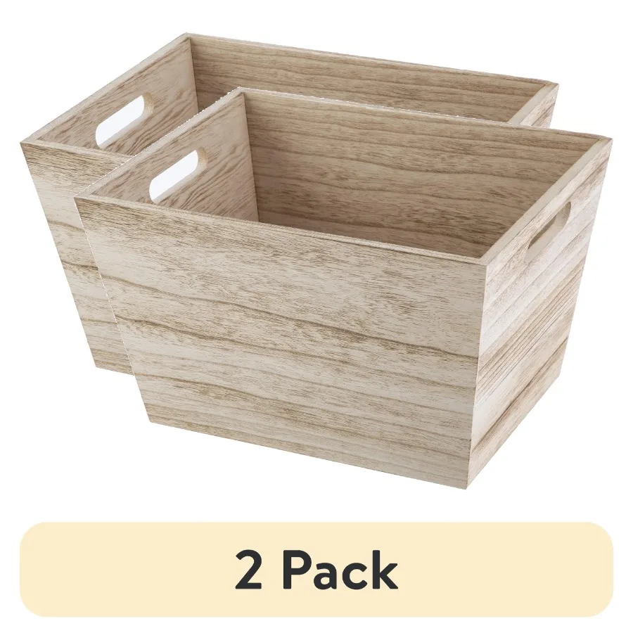 

2 pack Medium Natural Wood Rectangular Decorative Storage Bin, 13 in x 10 in x 8 in