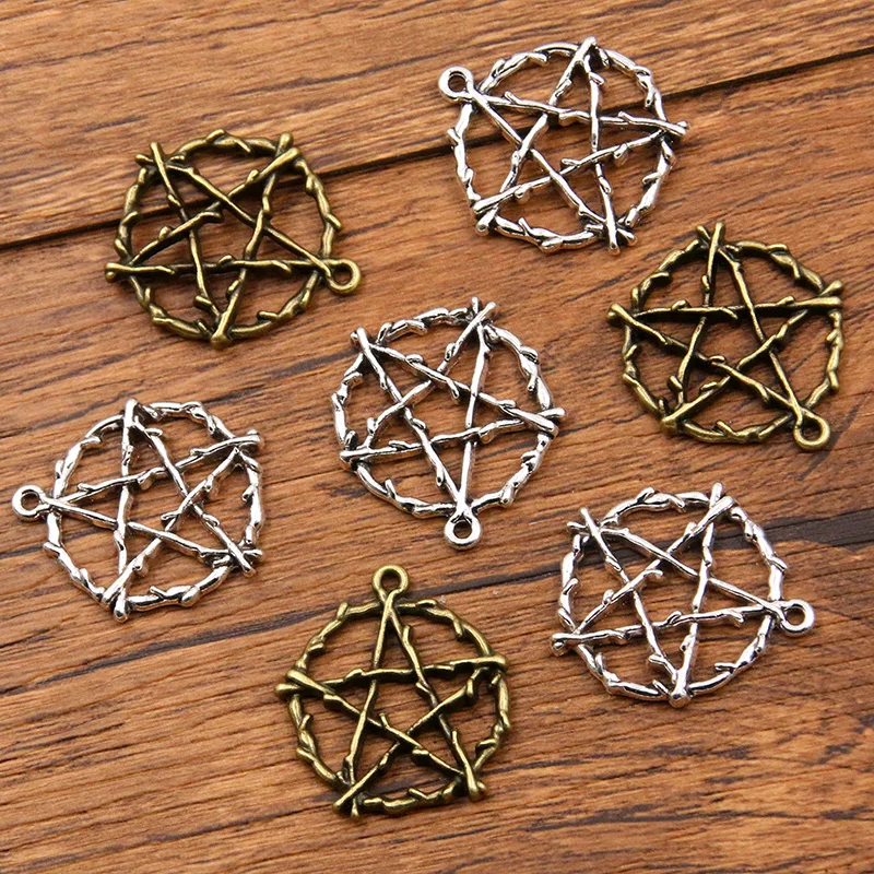 10Pcs 25*28mm 2 Color Wholesale Round Charms Five Point Star Pendant Handmade Decoration Vintage For DIY Jewelry Making Findings