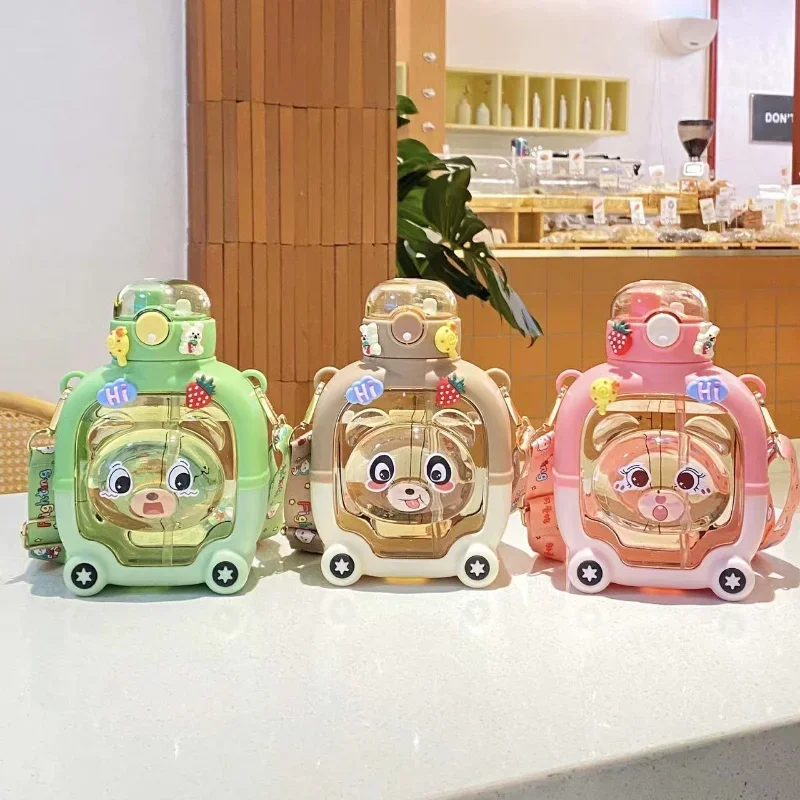 Children's Water Cup Summer Anti-drop Portable Straw Cup Girls High Value Can Cross Water Cup Magic Bear Square Water Bottles