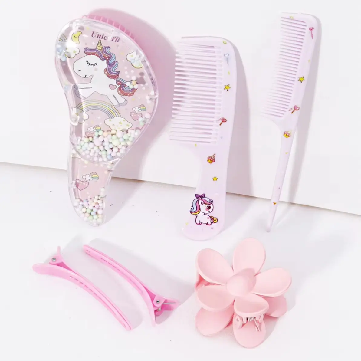 6pcs hair styling set, cartoon unicorn pattern, cartoon comb, flower hair clip, seamless clip, Special for Real Hair Wigs