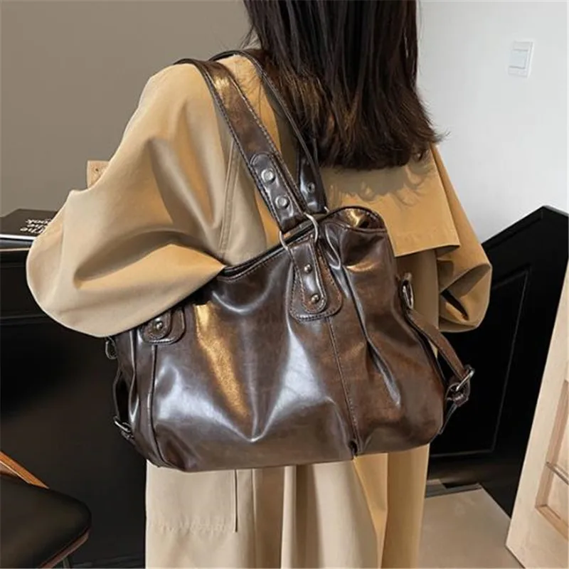 Retro Oil Wax Faux Leather Tote Bag Large Capacity Handbag Shoulder Bag  Adjustable Strap Crossbody Bags Satchel Purse for Daily view 6