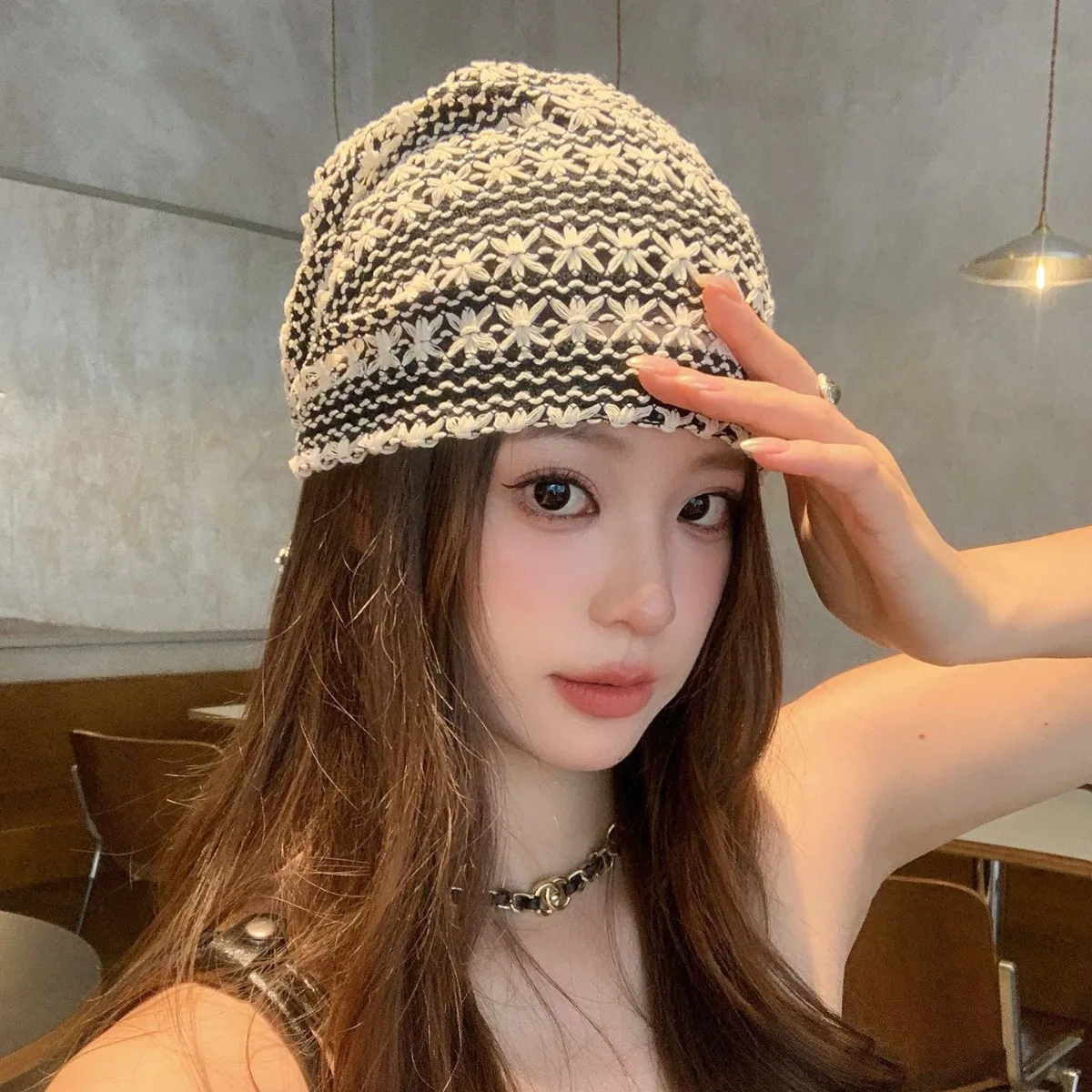 Hand-woven Hollow Headscarf Women's 2026 New Spring and Autumn Thin Through Pile Hat Internet Celebrity Fashion Scarf Headscarf