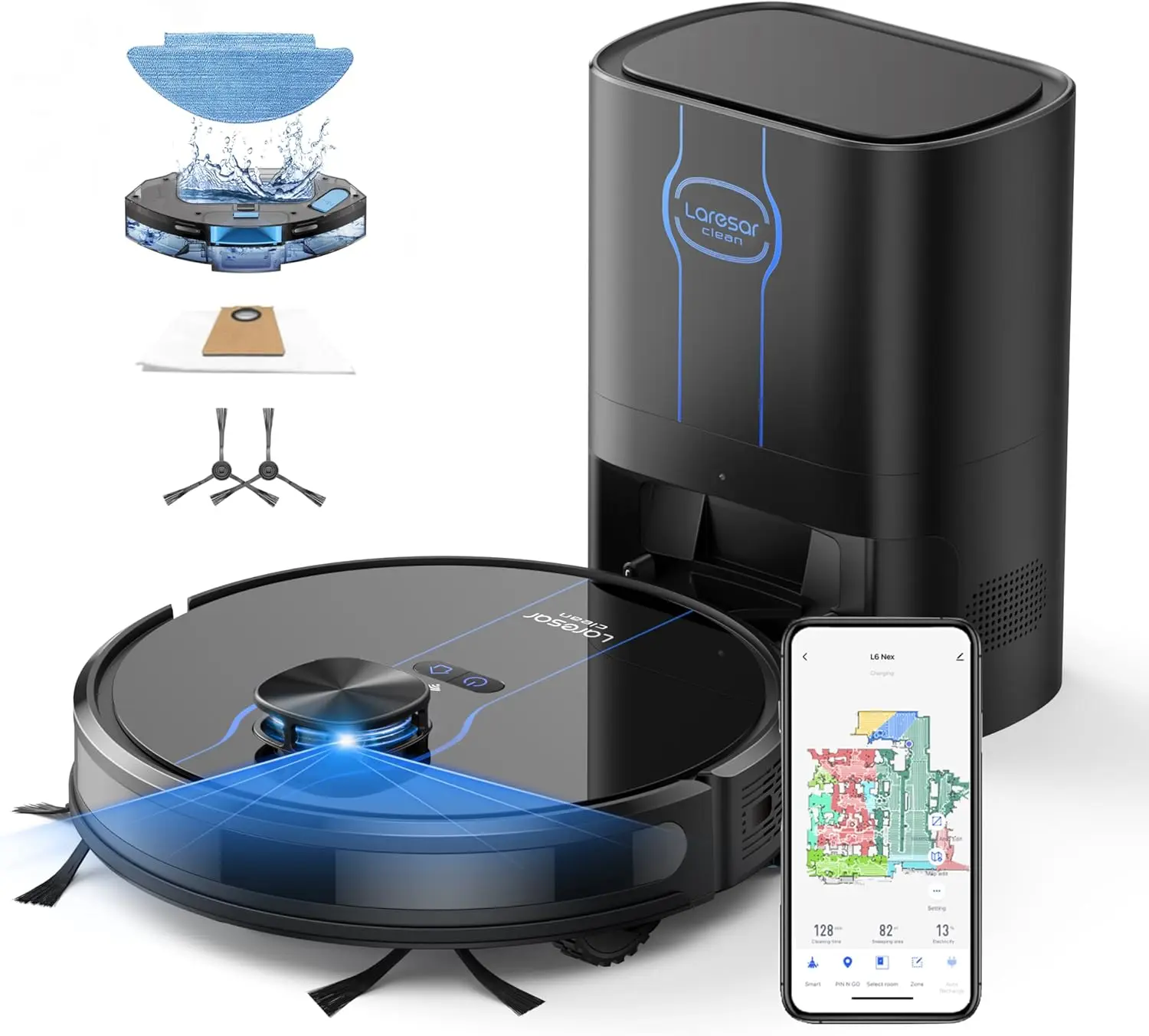 5000Pa Self-Emptying Robot Vacuum and Mop with Smart Lidar Navigation, Ultra-Slim for Pet Hair on Hard Floors and Carpets