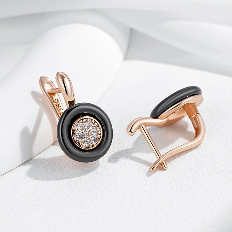 Kinel Hot Black Ceramics Drop Earrings For Women 585 Rose Gold Color Natural Zircon Accessories High Quality Daily Fine Jewelry