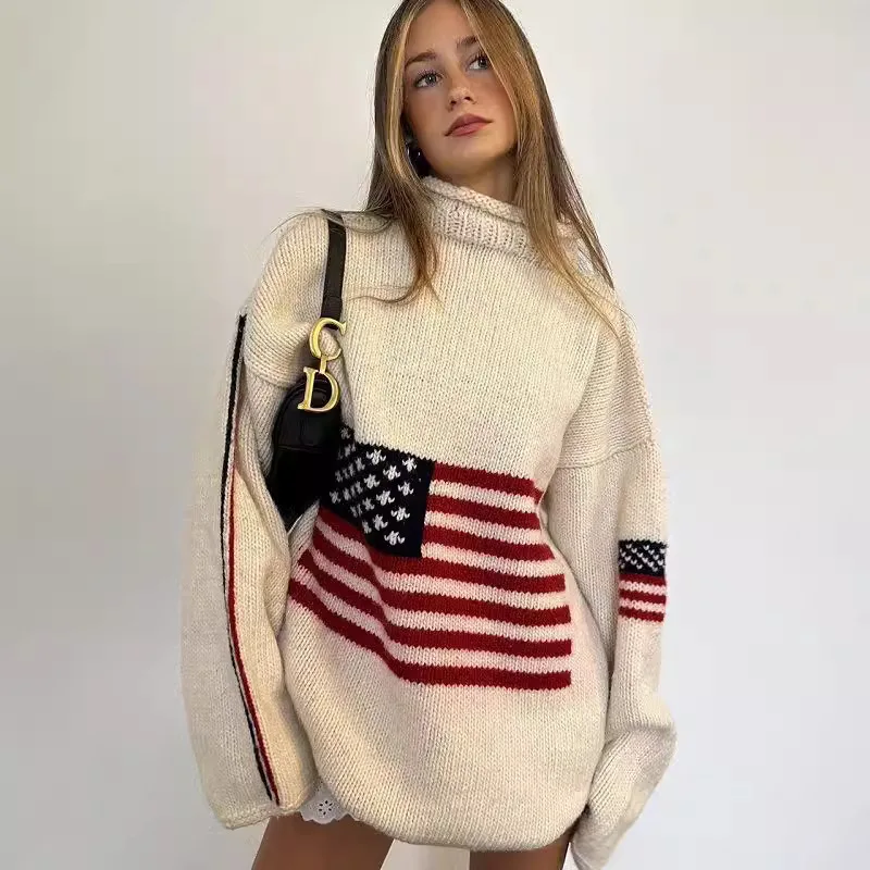 

Autumn Winter Warm Sweater Jumpers For Women Tops Turtleneck Harajuku Casual Flag Pattern Pullover Top Loose Knitted Sweaters