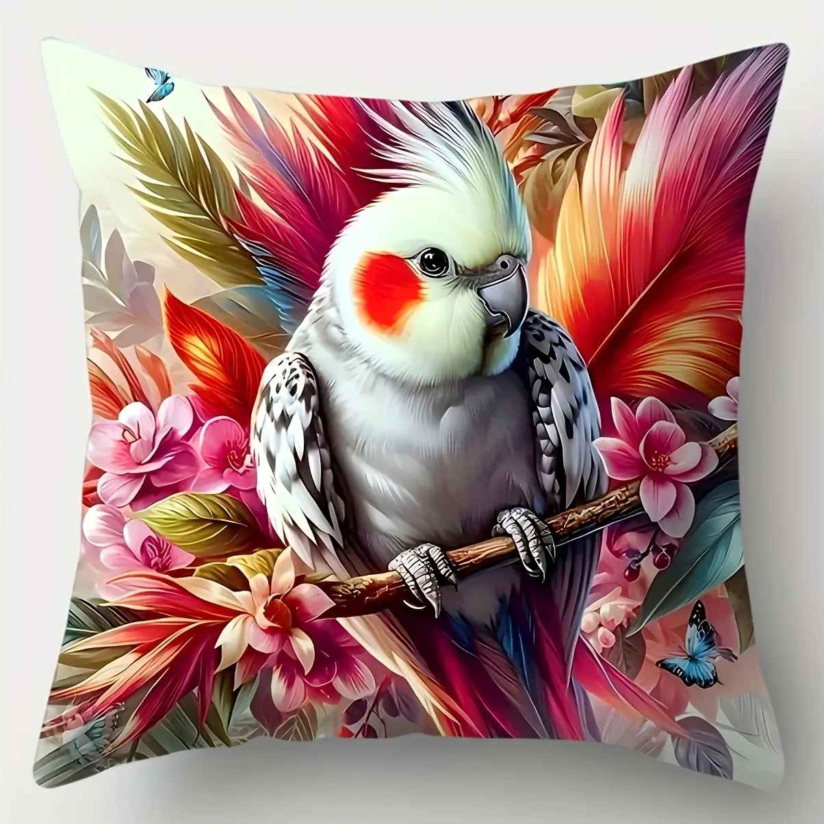 4PCS Colorful Parrot Pillow Case Budgie Cockatiel Cushion Cover Floral Bird Print Nature Animal Art Living Room Sofa Decor Throw