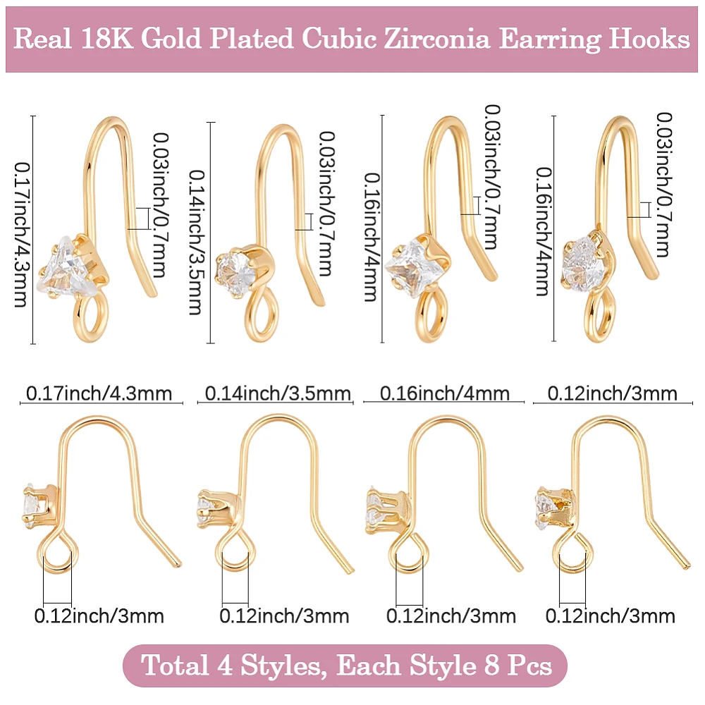 32Pcs Cubic Zirconia Earring Hooks 18K Gold Plated Ear Wire Fish Hooks Findings for Jewelry Making DIY Earring Craft Accessories