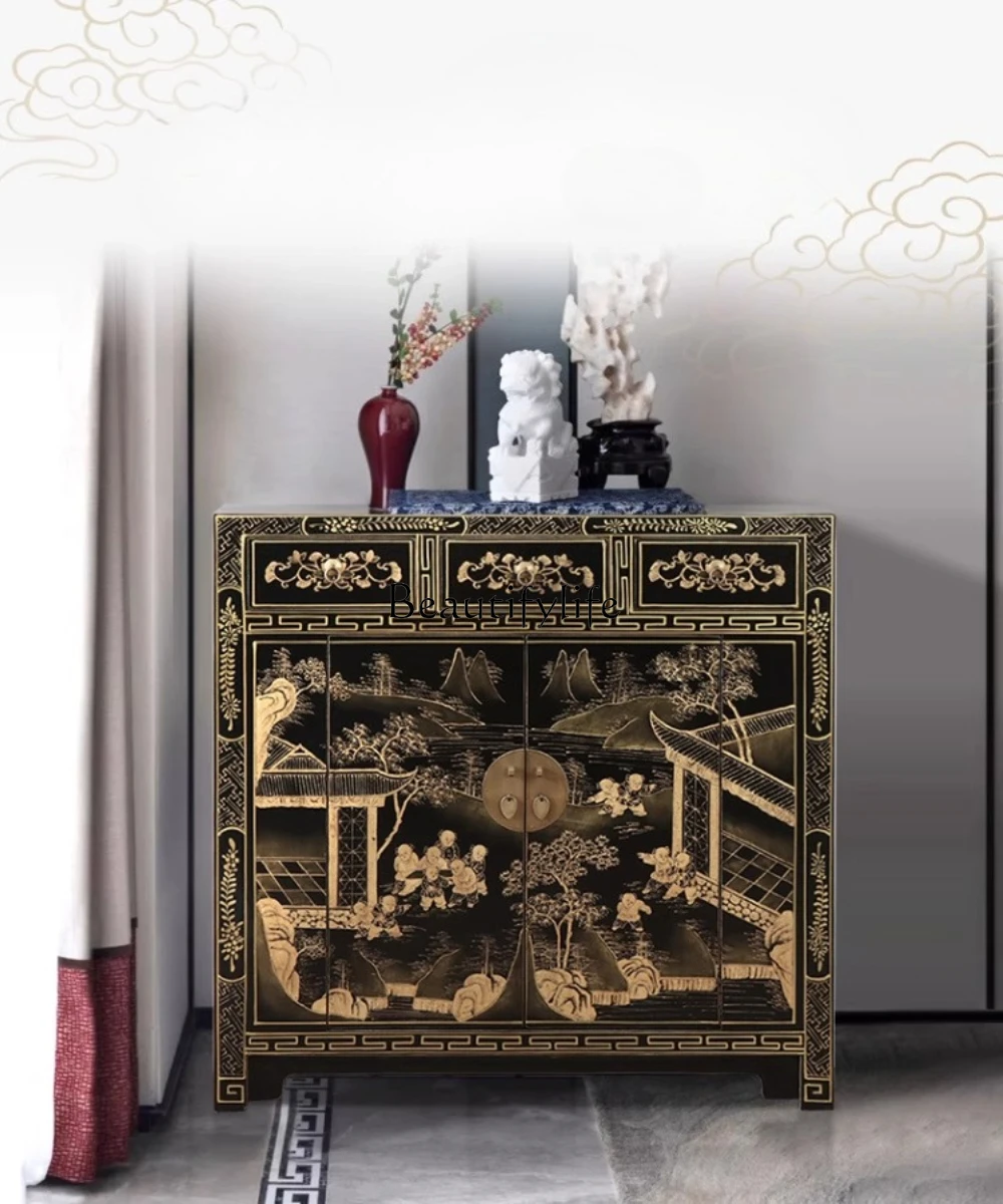 41New Chinese furniture classical gold-painted cabinet/bedroom Ming and Qing classical storage side cabinet/solid wood entrance