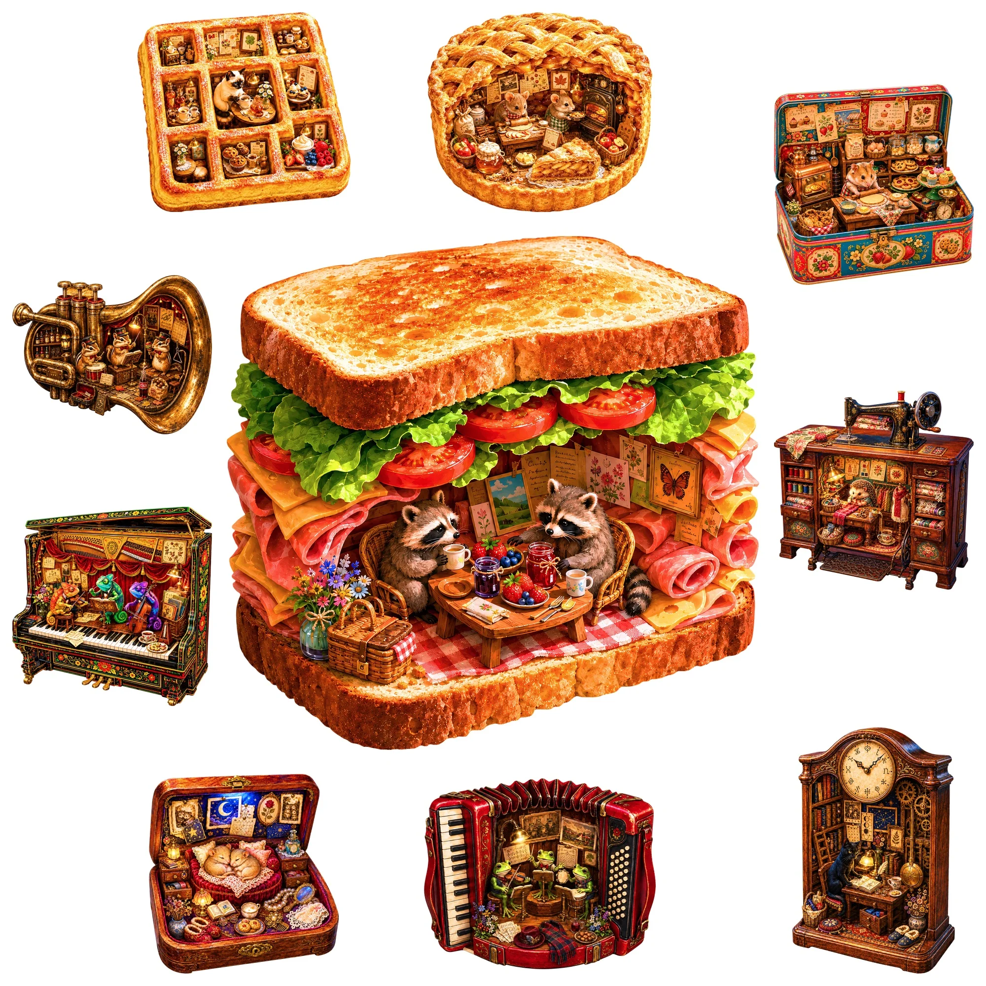 Sandwich Flat Wooden Puzzle Educational Toy Animal Jigsaw Puzzle Tabletop Puzzle Game Gift for Teens and Kids