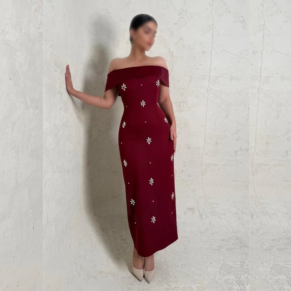 

Customized Jersey Rhinestone Off-the-shoulder Straight Midi Dresses Bespoke Occasion Elegant Party Sparkle Formal Evening