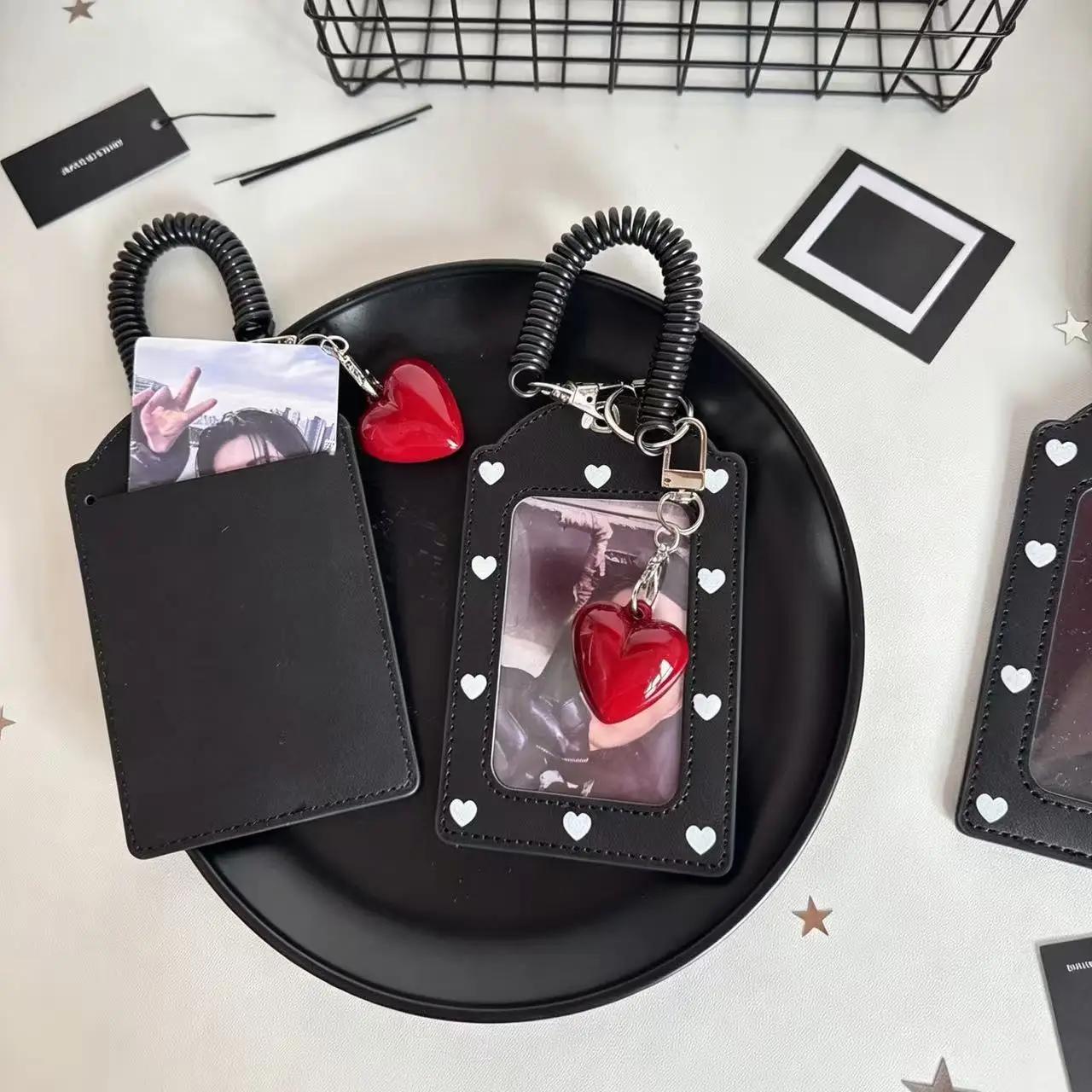 3 Inch Red Heart PU Leather Kpop Photocard Holder Card Holder Protective Sleeve Case for Idol Photo Cards Backpack Pendant