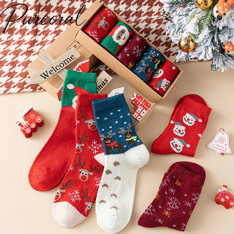 2026 New 5 Pairs Christmas Socks Gift Box Women Winter Warm Xmas Elk Santa Snowflake Pattern Crew Socks Holiday Set