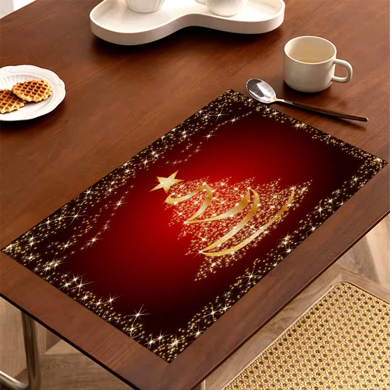 Elegant Golden Christmas Tree With Sparkling Star Border On Red Background Linen Placemat For Winter Holiday Table Setting