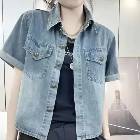 Moda mujer con bolsillos Denim azul chaquetas de un solo pecho Vintage solapa cuello manga corta Mujer Chic trajes de señora