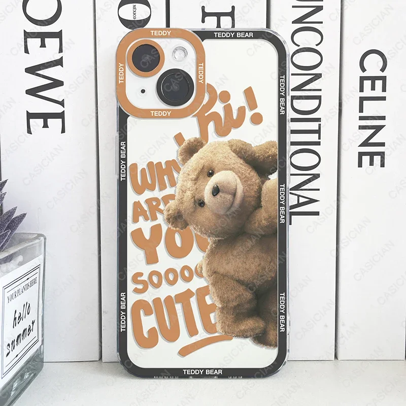 Case For iPhone 16 15 14 Pro Max 13 Mini 12 11 8 Plus Xr SE Teddy Bear Couple Cartoon Frosted Phone Cover