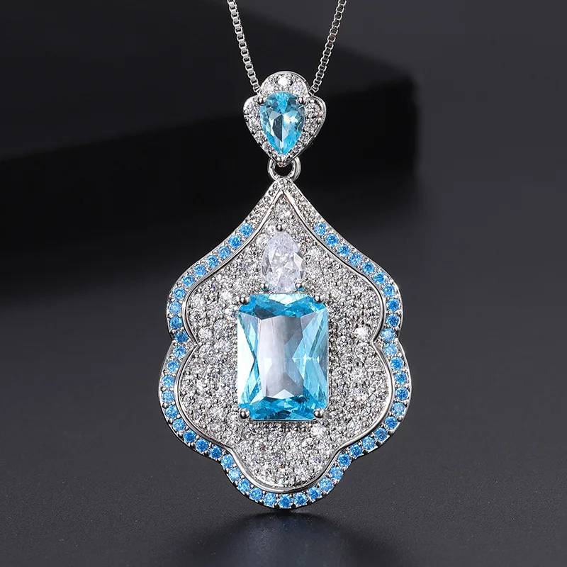 European and American Topaz Aquamarine Zircon Necklace Fashion Color-blocking Artificial Gemstone Red Aquamarine Pendant