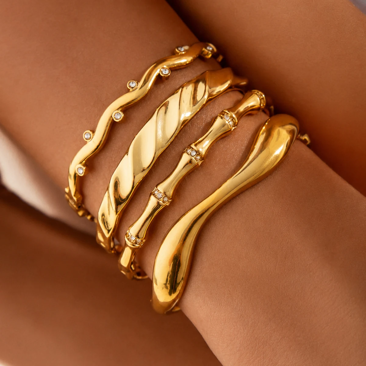 KunJoe 18K Gold Plated Stainless Steel Bamboo Joint Bracelet for Women Trendy Wavy Twisted Glass Drill Bangle Waterproof Jewelry