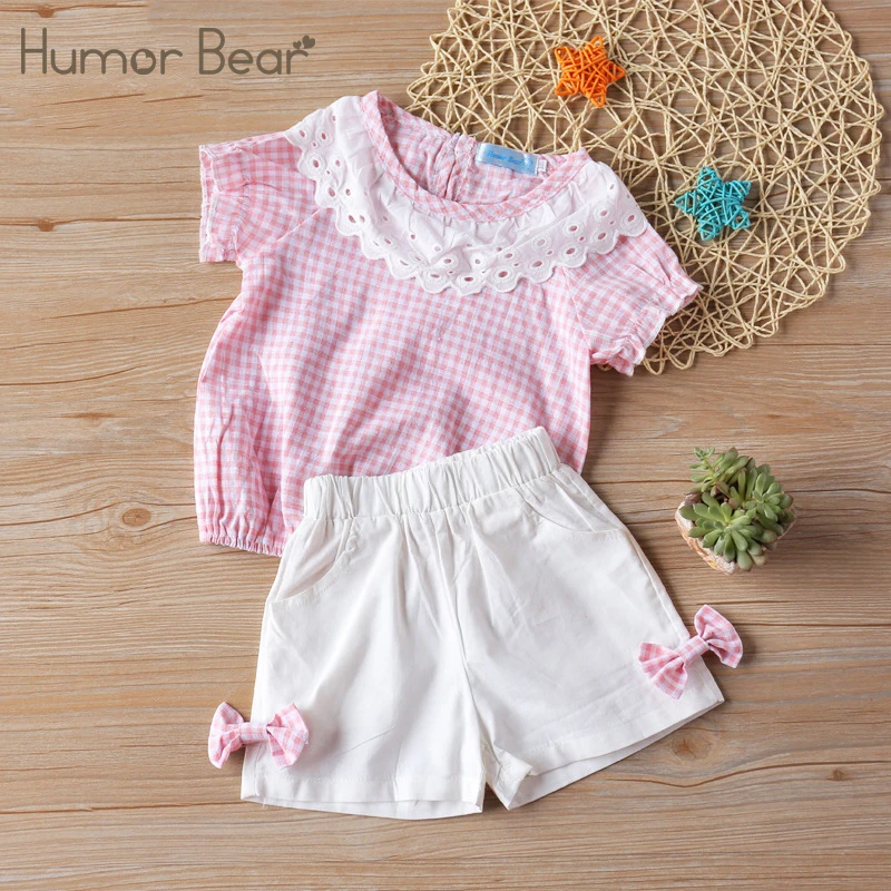 

Humor Bear Girls Clothes Set Summer New Short Sleeve Plaid Printed T-shirt+Short 2Pcs Casual Clothes