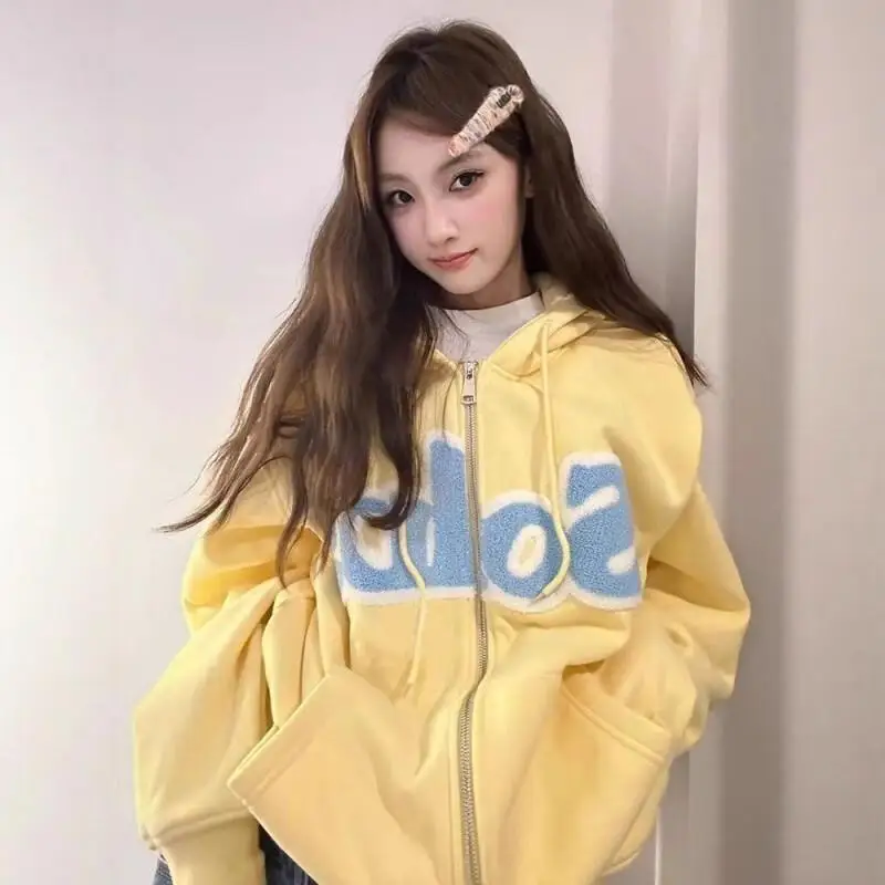 

yellow hoodie Women's Clothing Spring autumn season new model design sense letter Warm Coat Outerwear embroidery coat cardigan