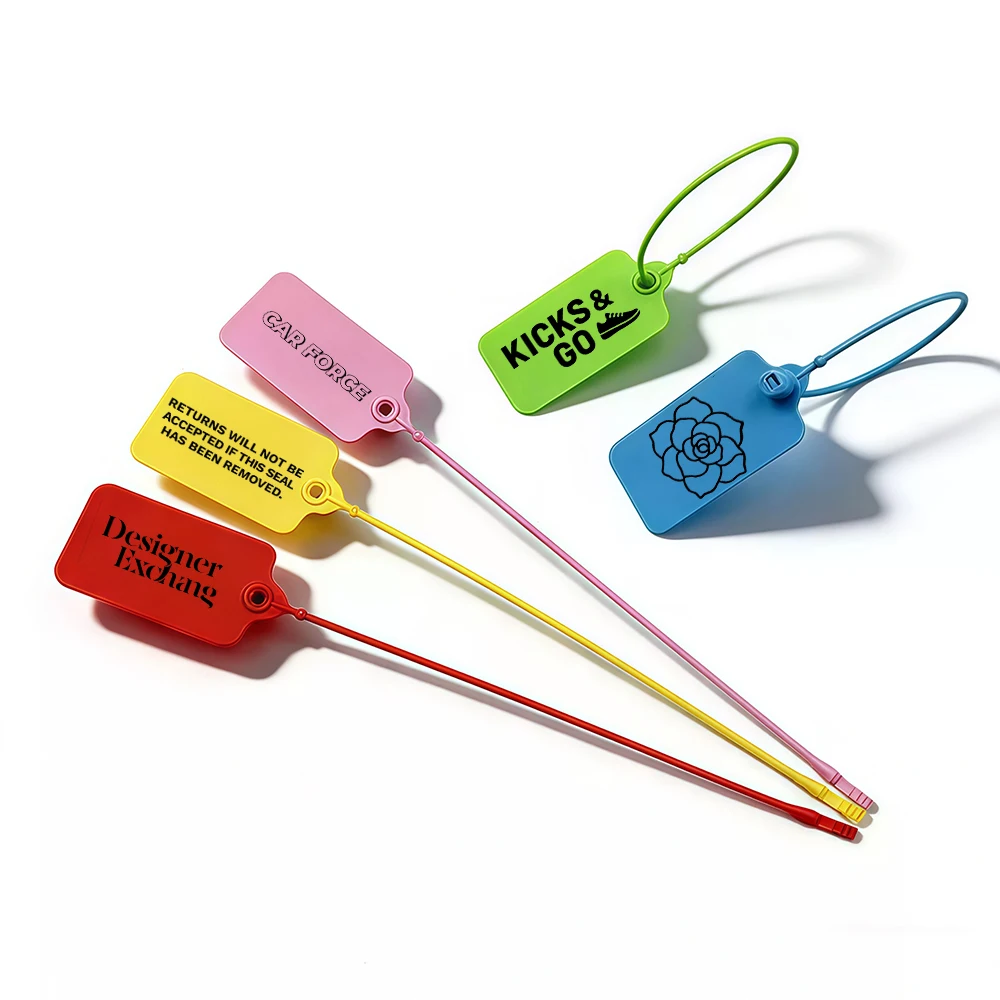 100 Stück personalisierte Kleidungsetiketten, individuelle Kunststoff-Sicherheitssiegel, bedruckte Etiketten für Kleidung, Schuhe, Taschen, Produkte, Logo, Geschenketiketten, 220 mm – Detail 1
