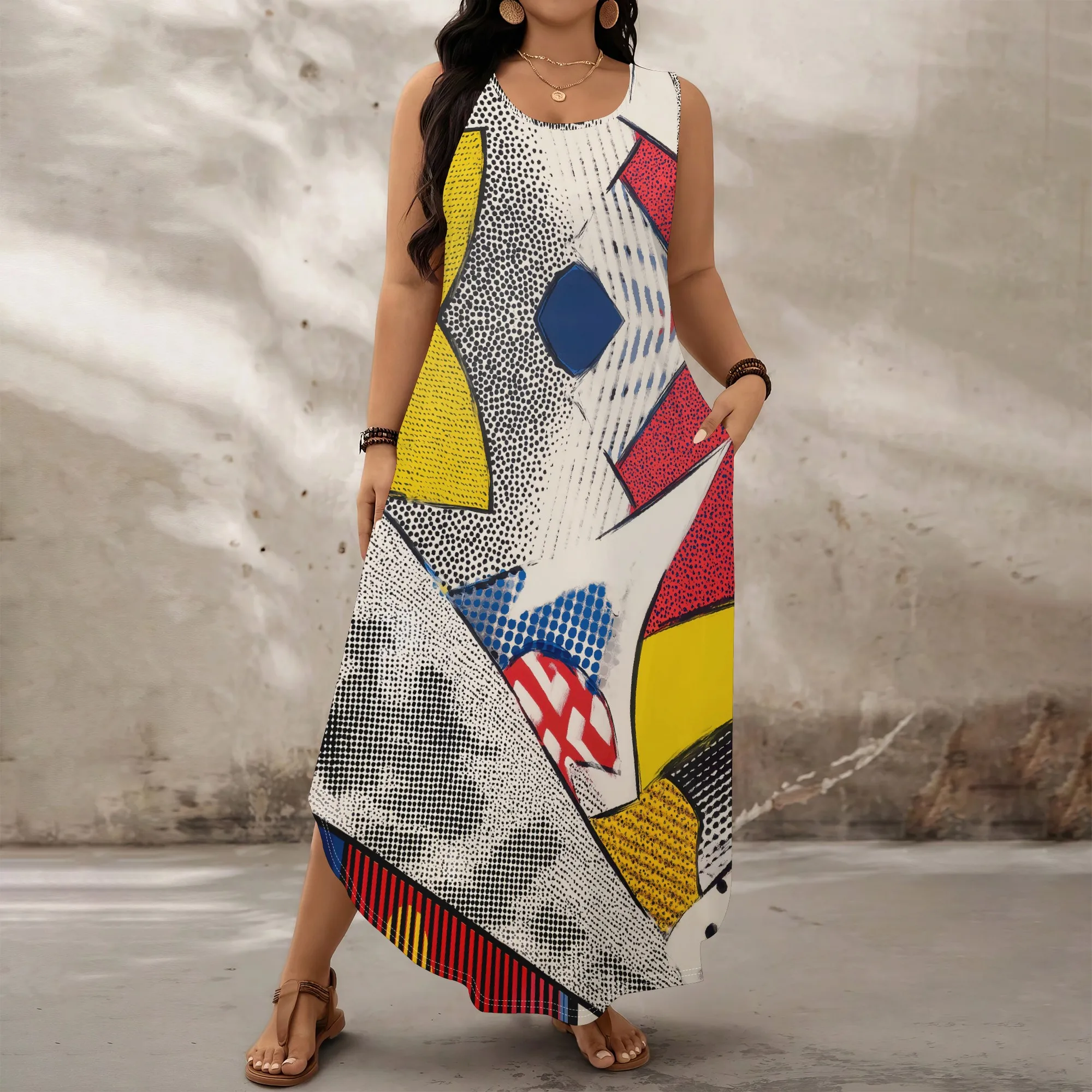 

Pop Art Explosion Plus Size Dress XL‑6XL Sleeveless Loose Fit Asymmetrical Hem for Comic Fest, Streetwear or Pride Parade Look