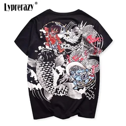 Lyprerazy Japanese Harajuku Ukiyoe Vintage Embroidery T Shirt Men's Carp Fish Dragon Embroidery Chinese Style Printing T Shirts