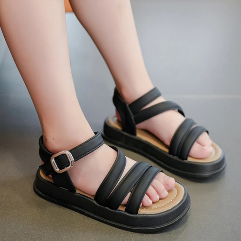 2023 New Simple Girls Sandals Children Fashion Non-slip Hook & Loop Kids Shoes Breatheable Open-toe Solid Color Cool Versatile