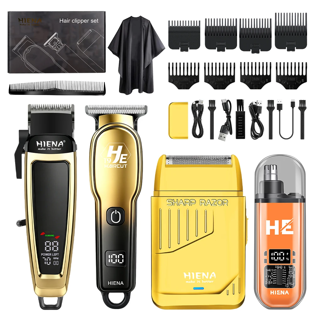 HIENA 4-in-1 Hair Clipper Set LCD Cordless Trimmer Shaver Nose Trimmer USB Rechargeable Men Barber Grooming Kit