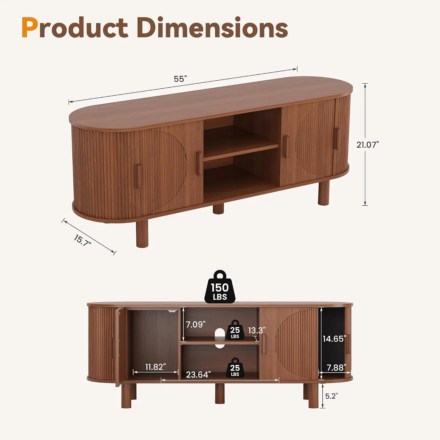 Mid Century Modern TV Stand with Fluted Sliding Doors for Living Room 55 Inch, Customized
