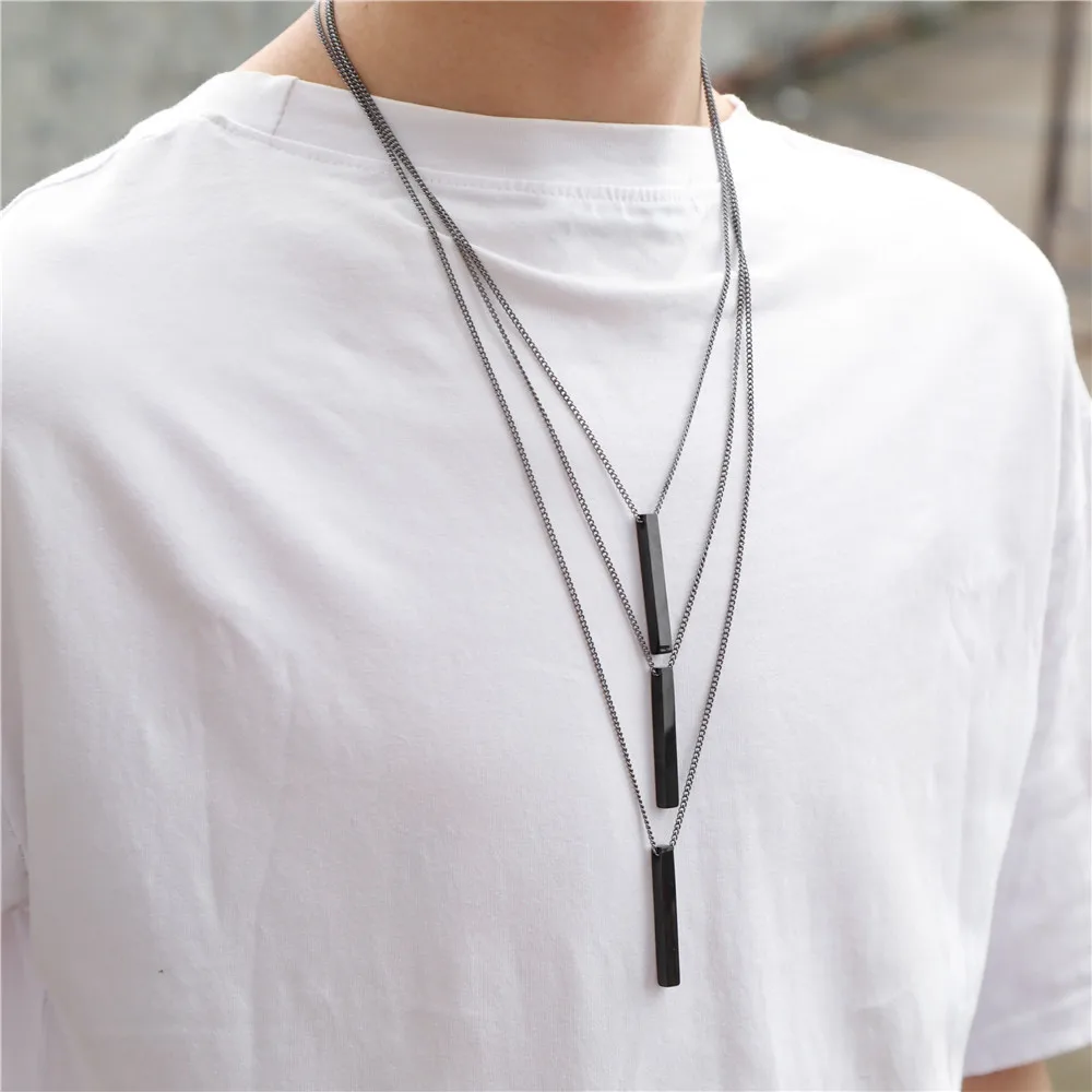 Wu's 2022 New Fashion Rectangle Classic Cuban Men's Jewelry Simple Necklace Hip Hop Geometric Stainless Steel Pendant Necklace