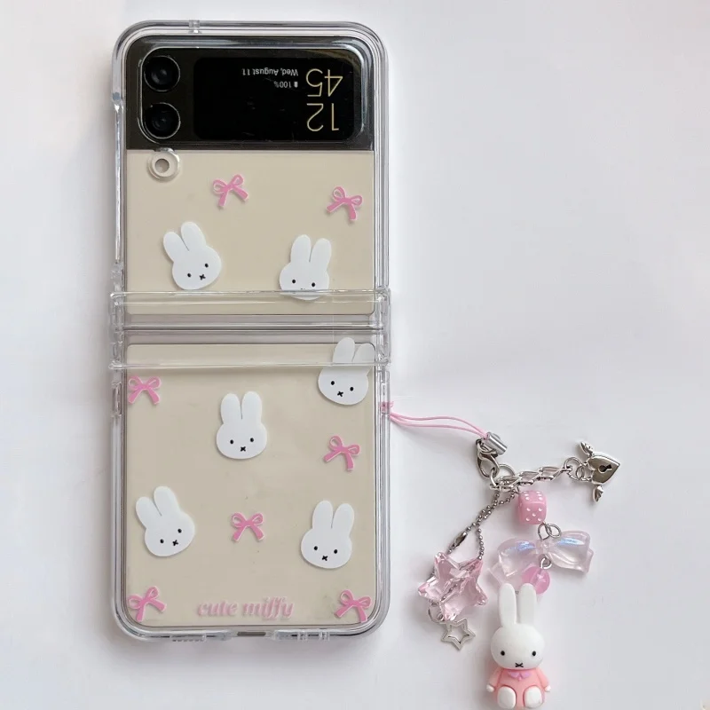 Luksusowe, urocze, przezroczyste etui na telefon z pełnym ekranem, z kokardką Miffy, składane, do Samsung Z Flip 7 6 5 4 3 ZFlip 8, styl Y2k, lalka Miffy ze smyczą. — zdjęcie produktu 7