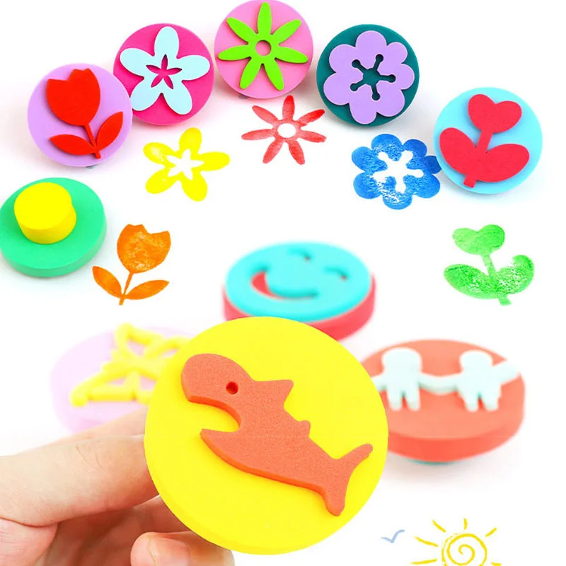 Eva Sponge Seals Stamper para meninos e meninas, DIY Drawing Toys, Desenhos animados, Mar, Animal, Flor, Pintura, Aprendizagem, Artesanato, 6pcs