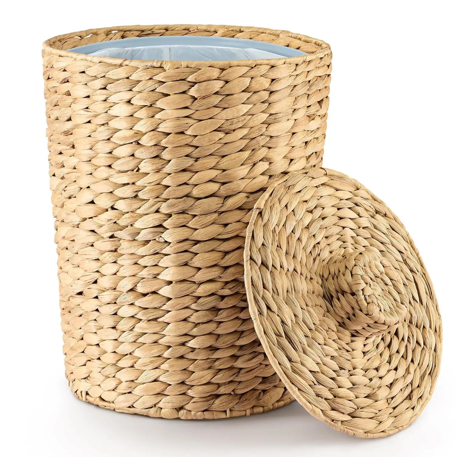 

4 Gallons Water Hyacinth Wicker Trash Can with Lid - Boho Bathroom Garbage Can, Removable Liner, Iron Frame