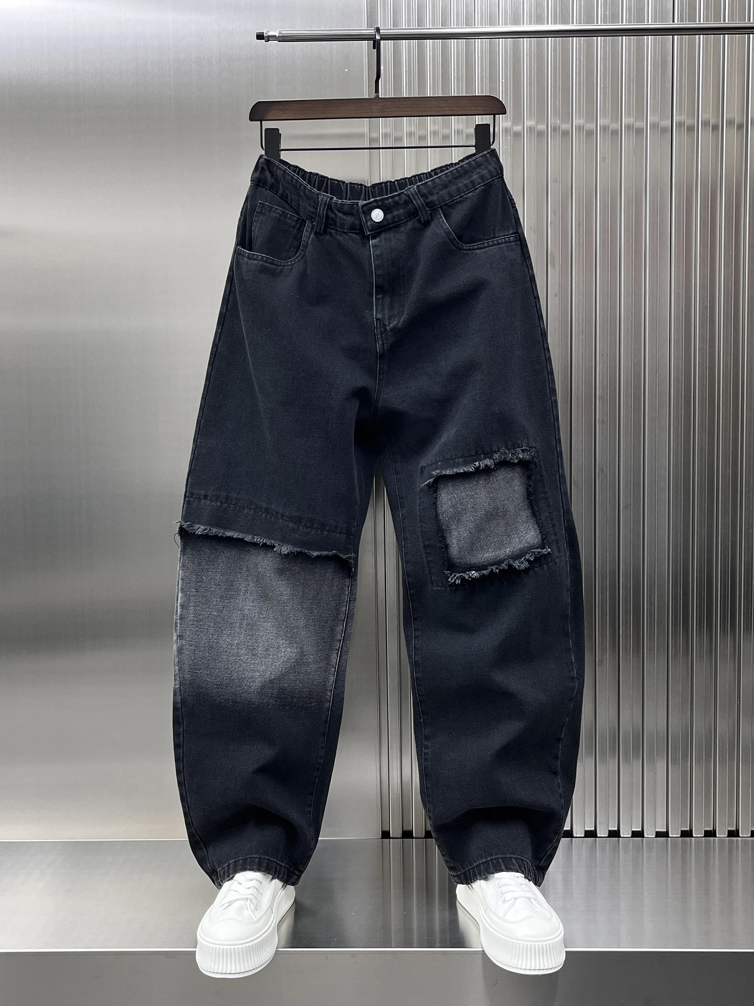 

Retro Waed Patchwork Men's Jeans Trendy Brand Spring 2025 New Design adient Water Waed Straight Leg Loose Fit Denim Pants