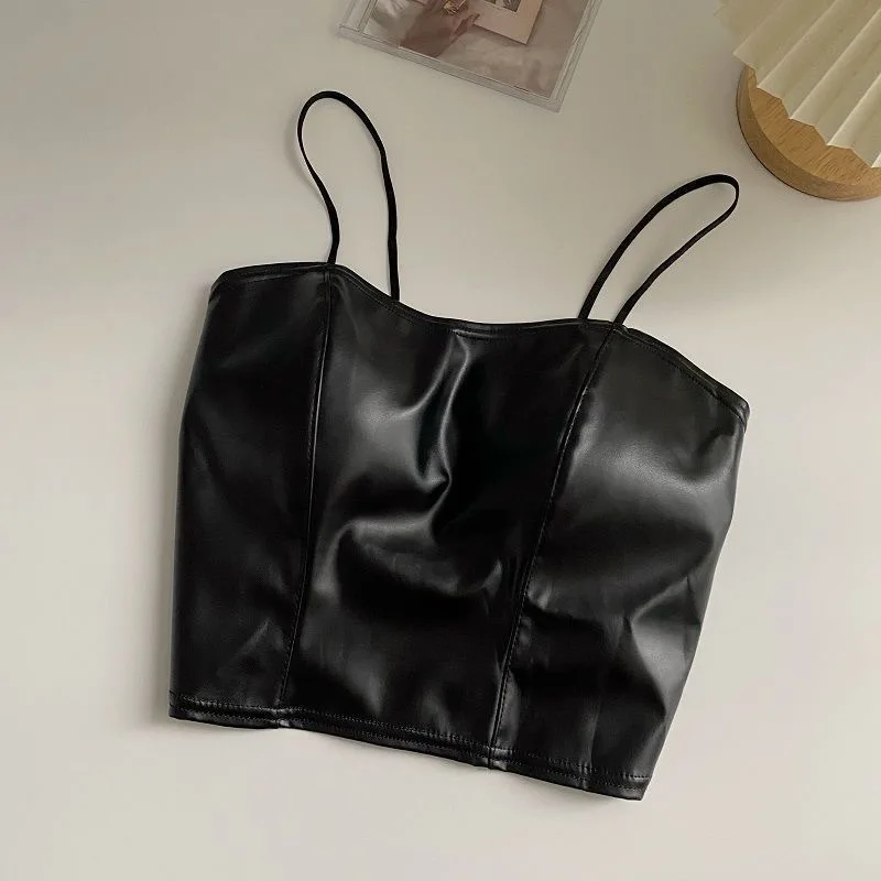 baby girls Korean PU leather suspender vest spring autumn pleated open back kids crop top streetwear camis tank top 3 to 16 yrs